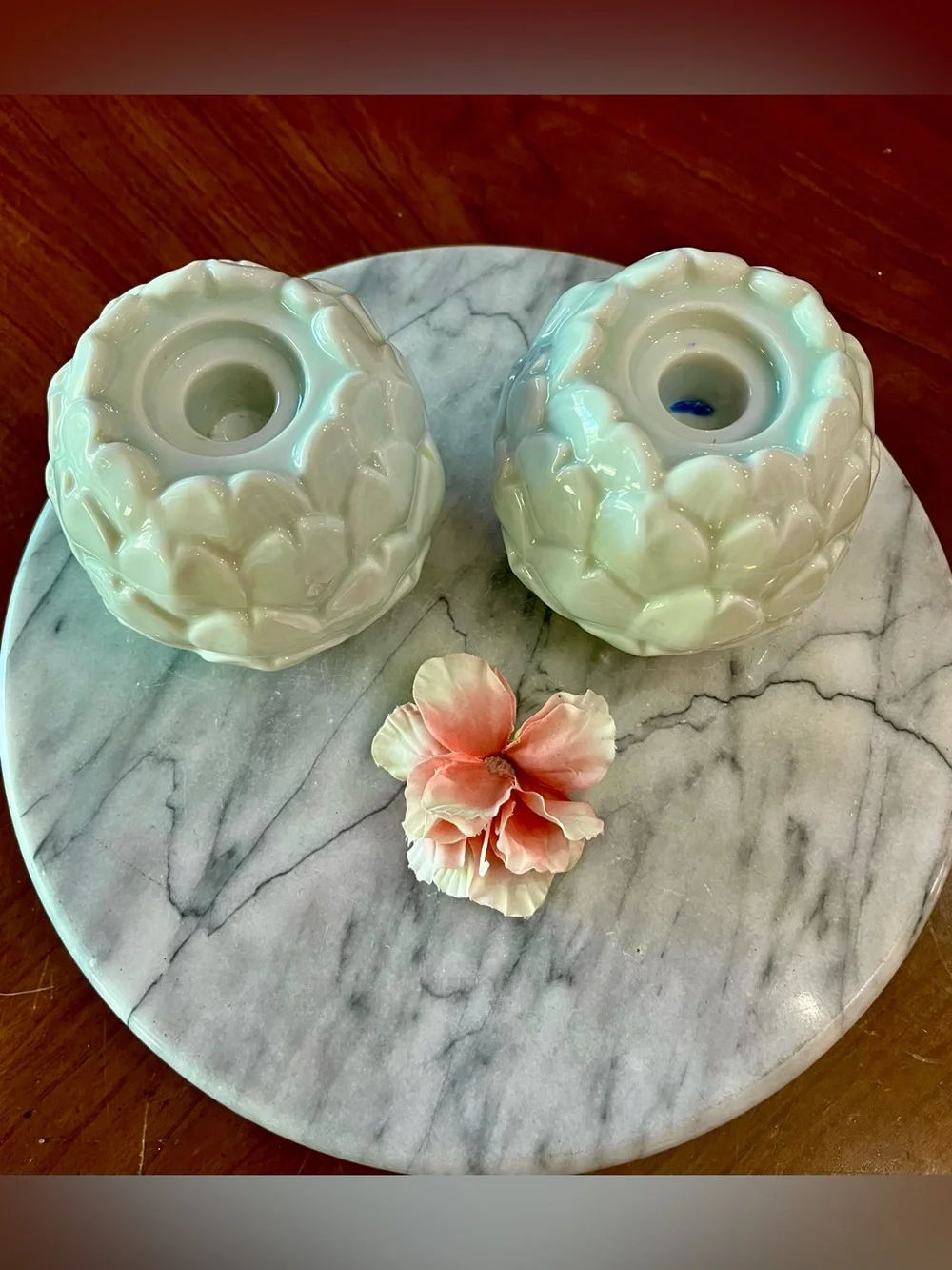Pair Celadon Green Ceramic Artichoke Taper Candle Holders & Candles -VTG Style